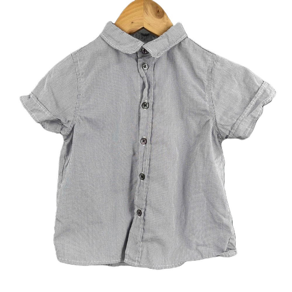 Petite Lucette Button‎ Up Shirt White Blue Checked Short Sleeve 100% Cotton 2T